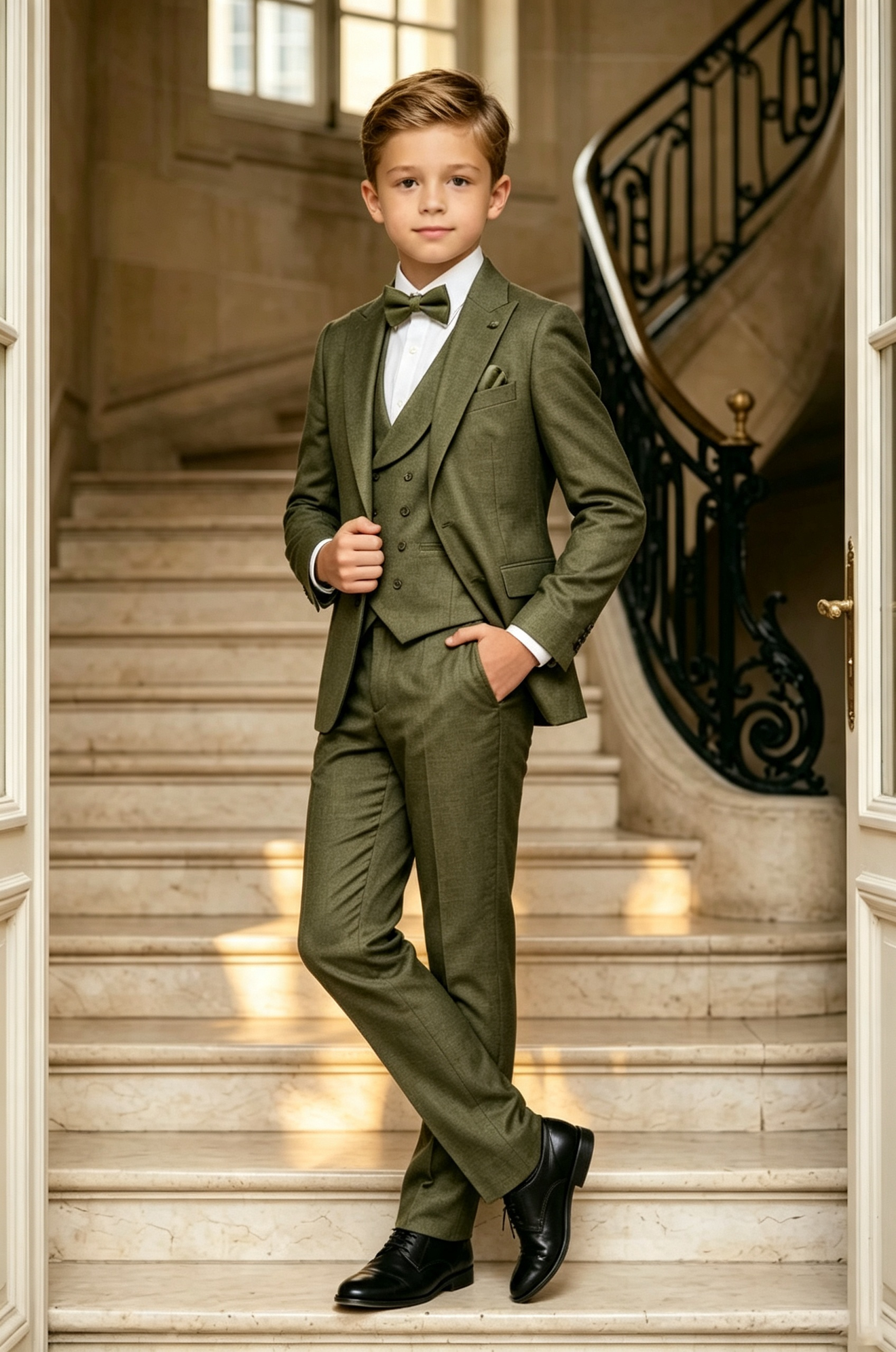 Olive?Green Cotton?Linen Blend Single?Breasted Formal 3?Piece Suit