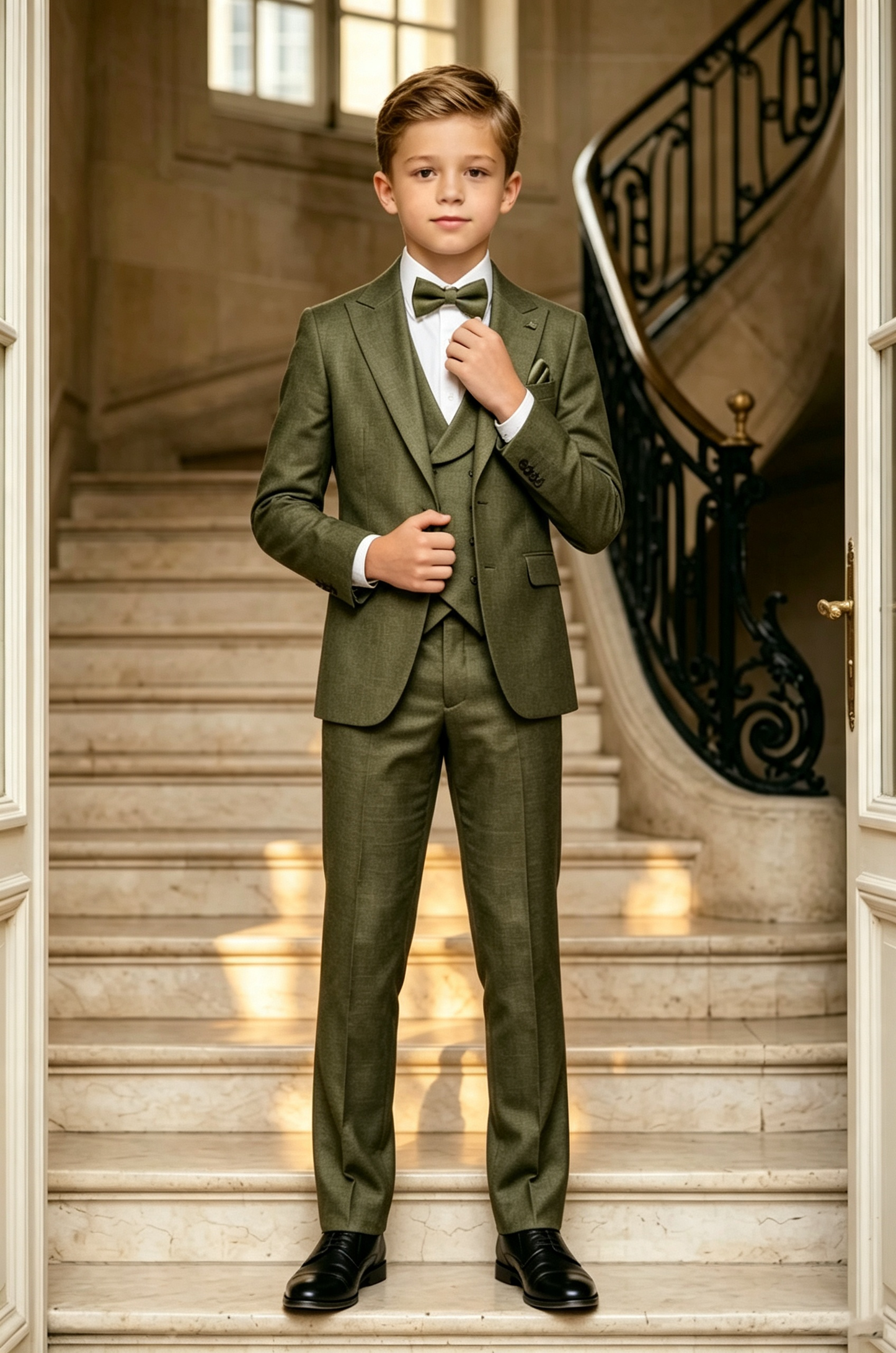 Olive?Green Cotton?Linen Blend Single?Breasted Formal 3?Piece Suit
