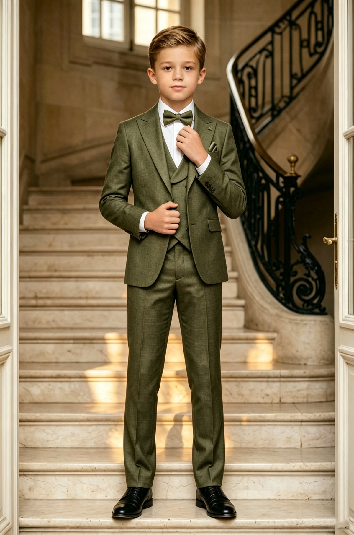 Olive?Green Cotton?Linen Blend Single?Breasted Formal 3?Piece Suit