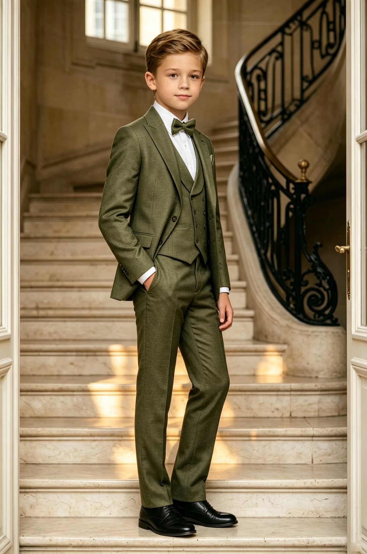 Olive?Green Cotton?Linen Blend Single?Breasted Formal 3?Piece Suit