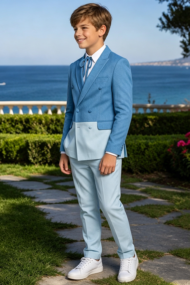 Boys Two?Tone Blue Notch Lapel 2-Piece Suit for Weddings