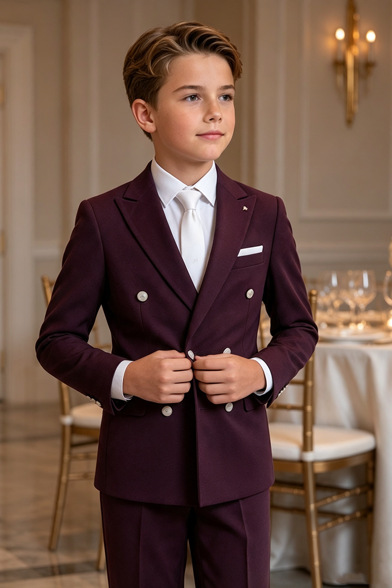 Boys Burgundy Notch Lapel Double Breasted 2-Piece Suit for Weddings