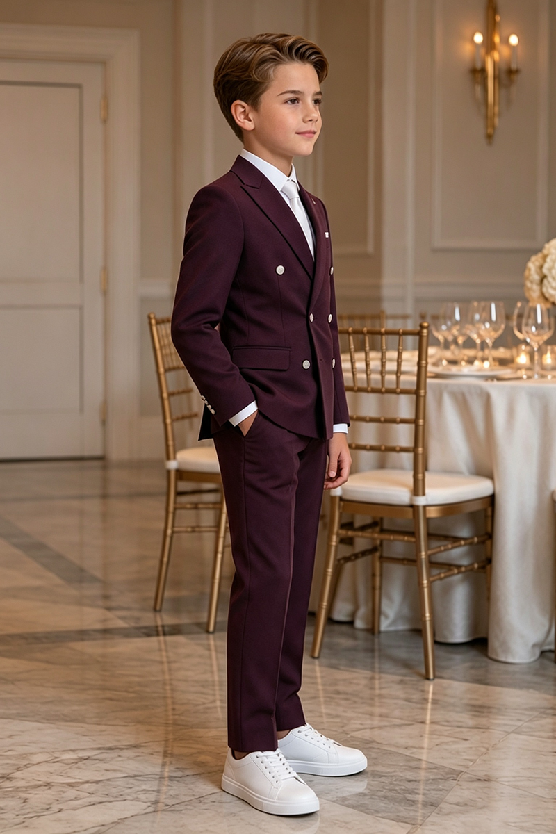 Boys Burgundy Notch Lapel Double Breasted 2-Piece Suit for Weddings