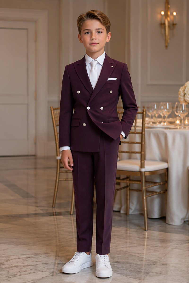 Boys Burgundy Notch Lapel Double Breasted 2-Piece Suit for Weddings