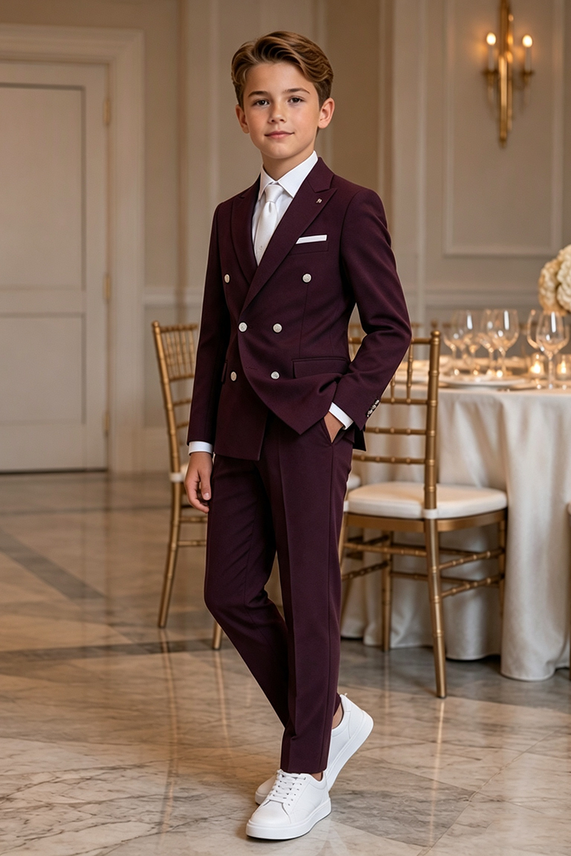 Boys Burgundy Notch Lapel Double Breasted 2-Piece Suit for Weddings