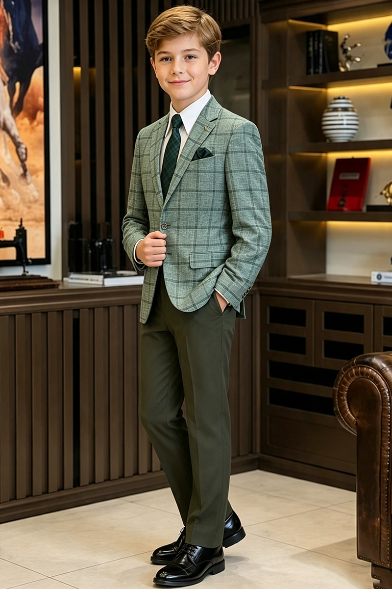 Boys Green Plaid Notch Lapel with Color Block Trousers 2-Piece Suit for Weddings
