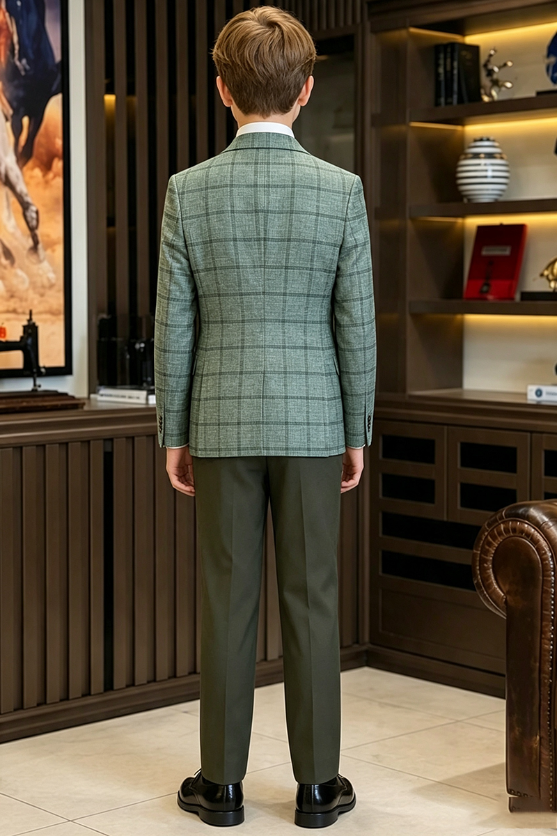 Boys Green Plaid Notch Lapel with Color Block Trousers 2-Piece Suit for Weddings