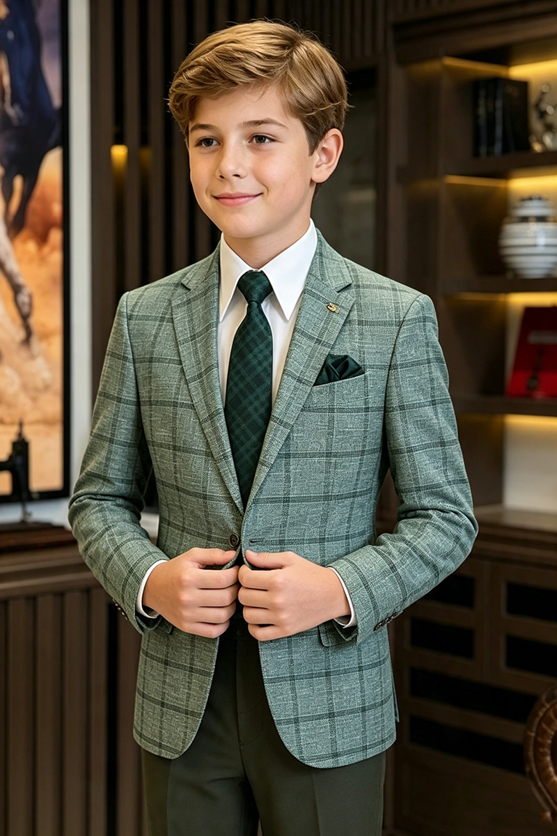 Boys Green Plaid Notch Lapel with Color Block Trousers 2-Piece Suit for Weddings