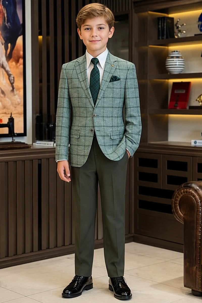 Boys Green Plaid Notch Lapel with Color Block Trousers 2-Piece Suit for Weddings