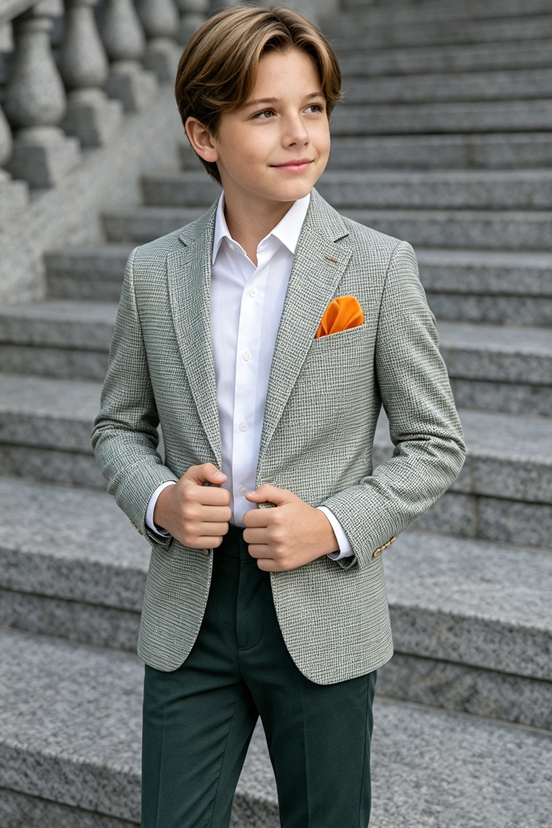 Boys Grey Check Notch Lapel Blazer & Dark Green Trousers 2-Piece Suit for Weddings