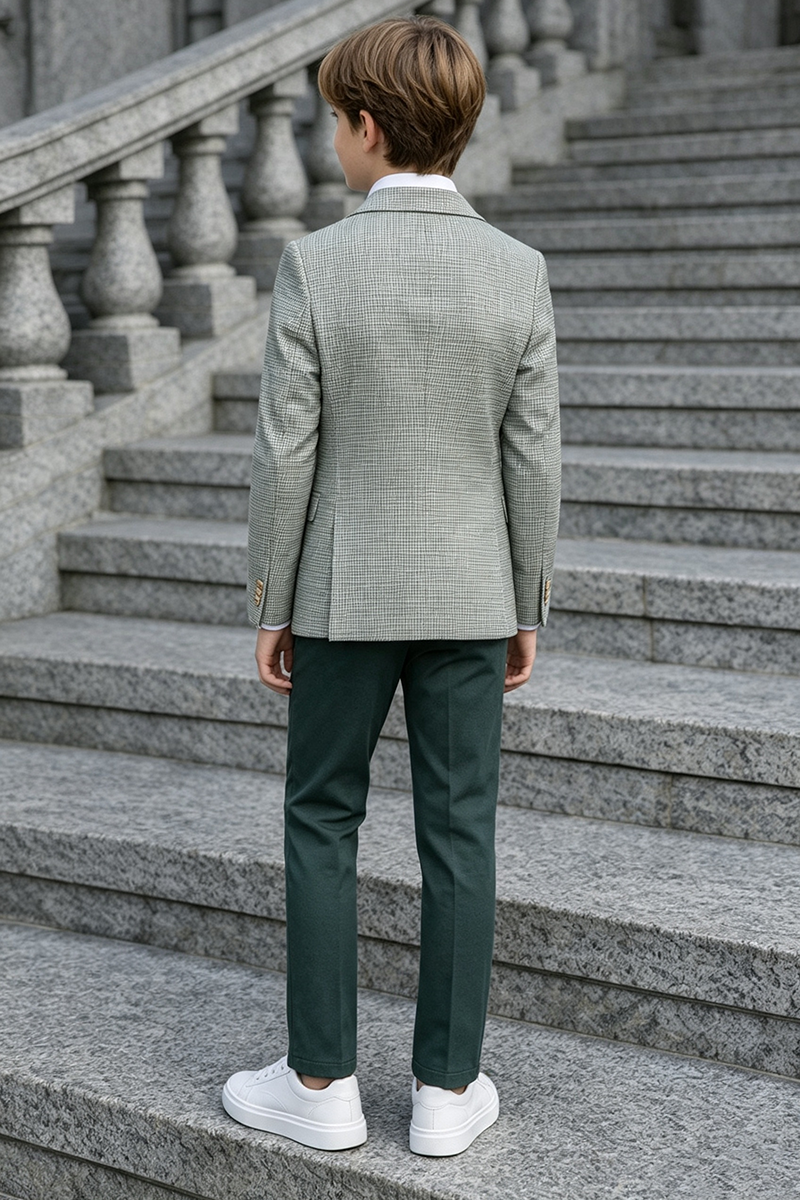 Boys Grey Check Notch Lapel Blazer & Dark Green Trousers 2-Piece Suit for Weddings
