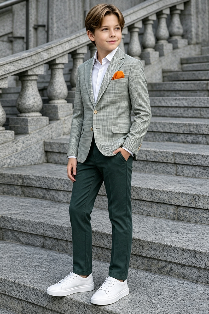 Boys Grey Check Notch Lapel Blazer & Dark Green Trousers 2-Piece Suit for Weddings