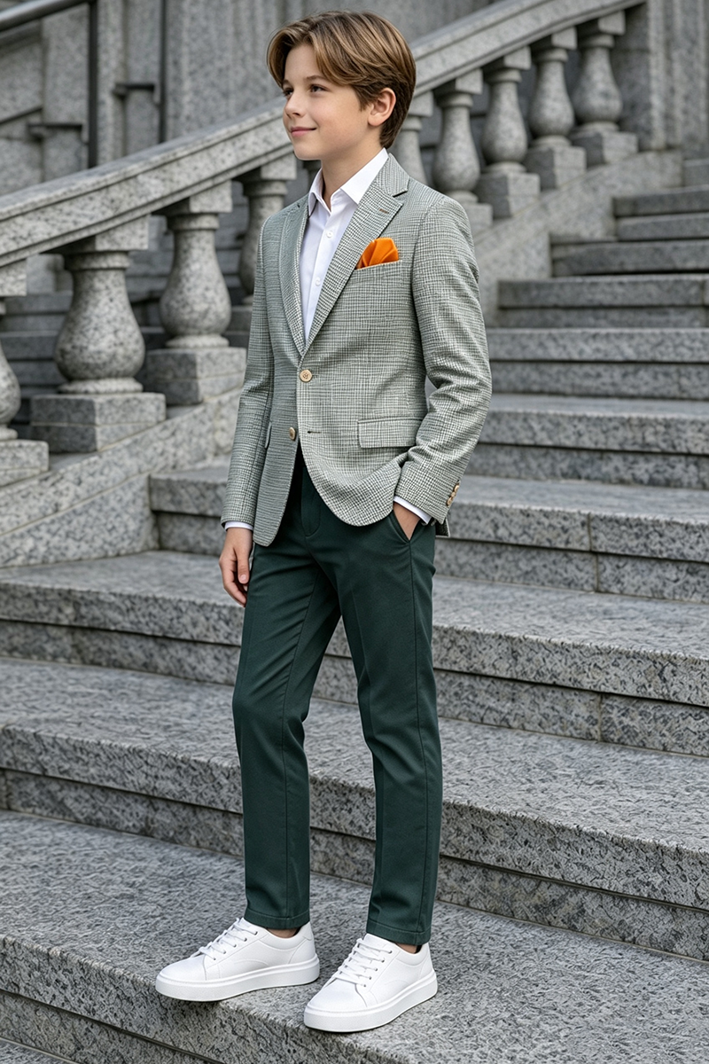 Boys Grey Check Notch Lapel Blazer & Dark Green Trousers 2-Piece Suit for Weddings