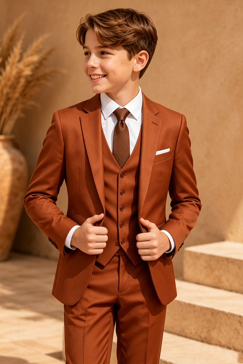 Boys Caramel Notch Lapel 3-Piece Suit for Weddings