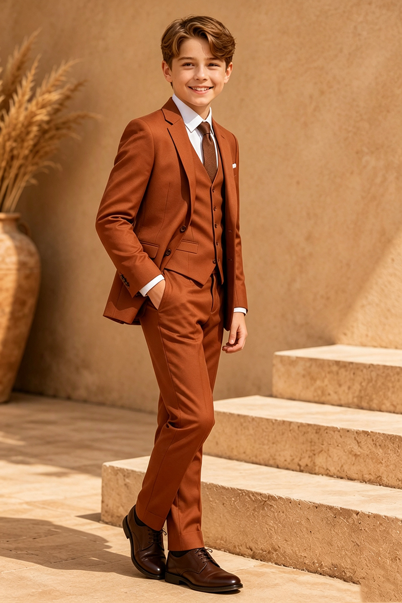 Boys Caramel Notch Lapel 3-Piece Suit for Weddings