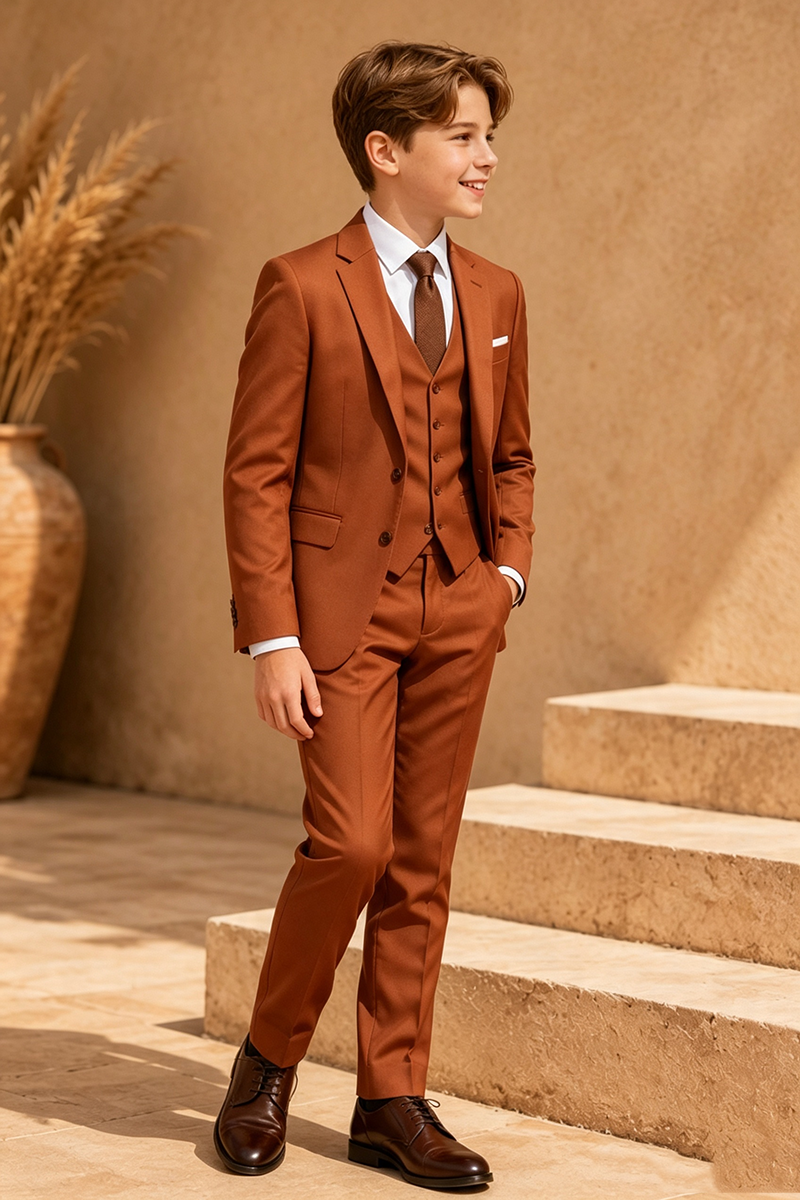 Boys Caramel Notch Lapel 3-Piece Suit for Weddings