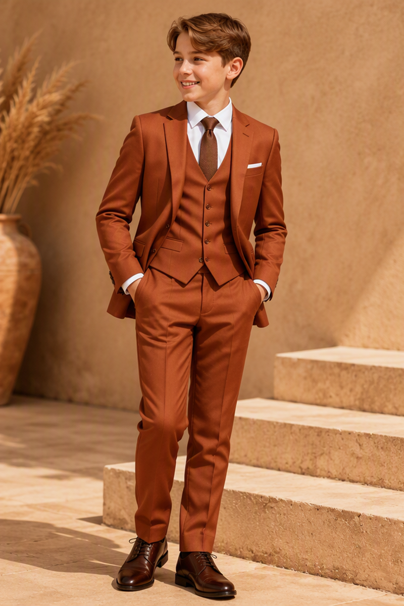 Boys Caramel Notch Lapel 3-Piece Suit for Weddings