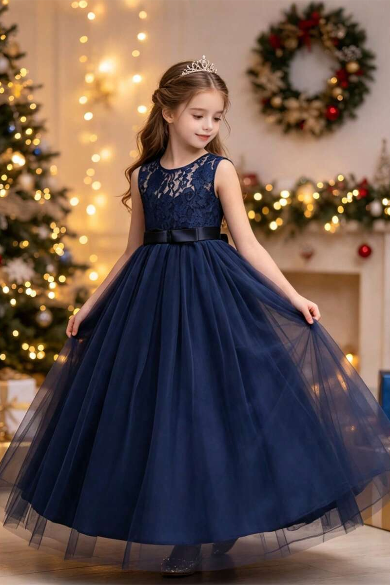 Girls Grey Lace Bodice Tulle Gown for Weddings with Satin Waist Band