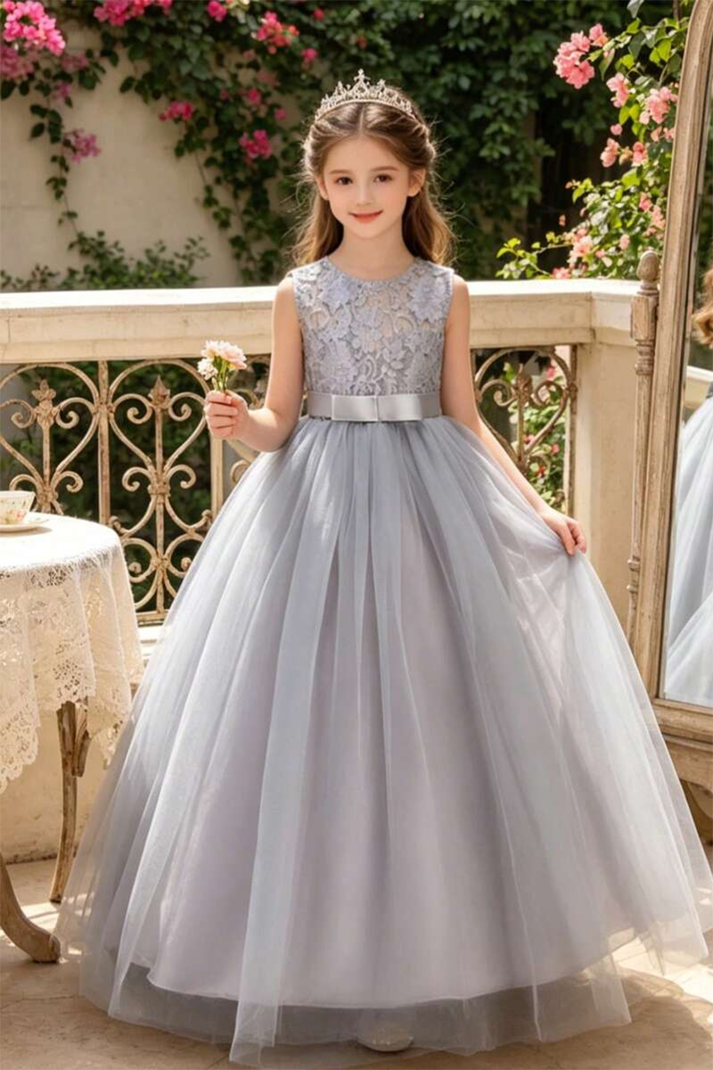 Girls Grey Lace Bodice Tulle Gown for Weddings with Satin Waist Band
