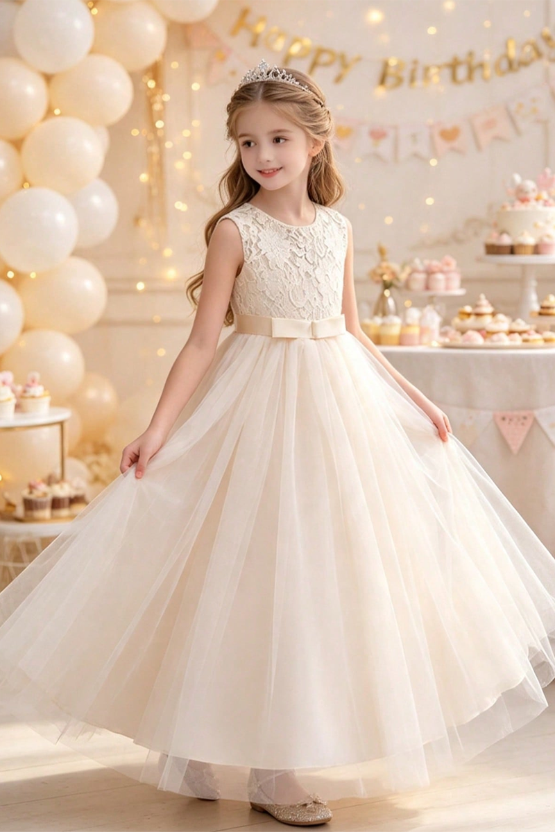 Girls Grey Lace Bodice Tulle Gown for Weddings with Satin Waist Band