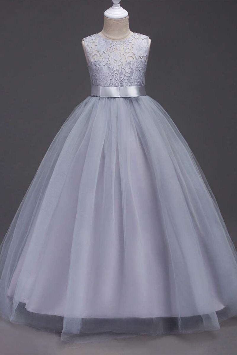 Girls Grey Lace Bodice Tulle Gown for Weddings with Satin Waist Band