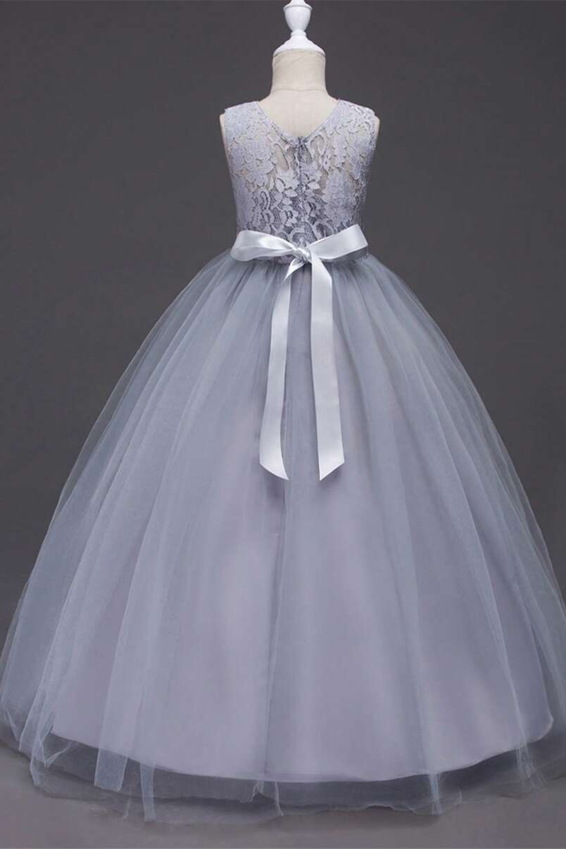 Girls Grey Lace Bodice Tulle Gown for Weddings with Satin Waist Band
