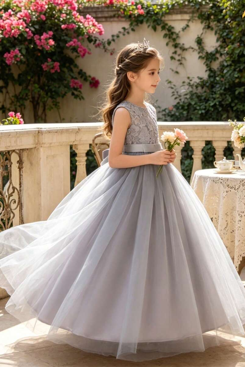 Girls Grey Lace Bodice Tulle Gown for Weddings with Satin Waist Band