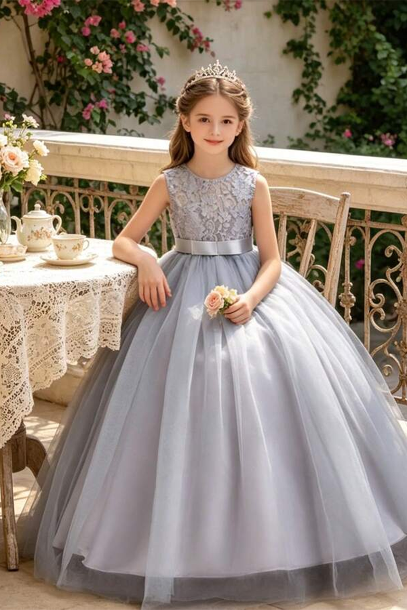 Girls Grey Lace Bodice Tulle Gown for Weddings with Satin Waist Band