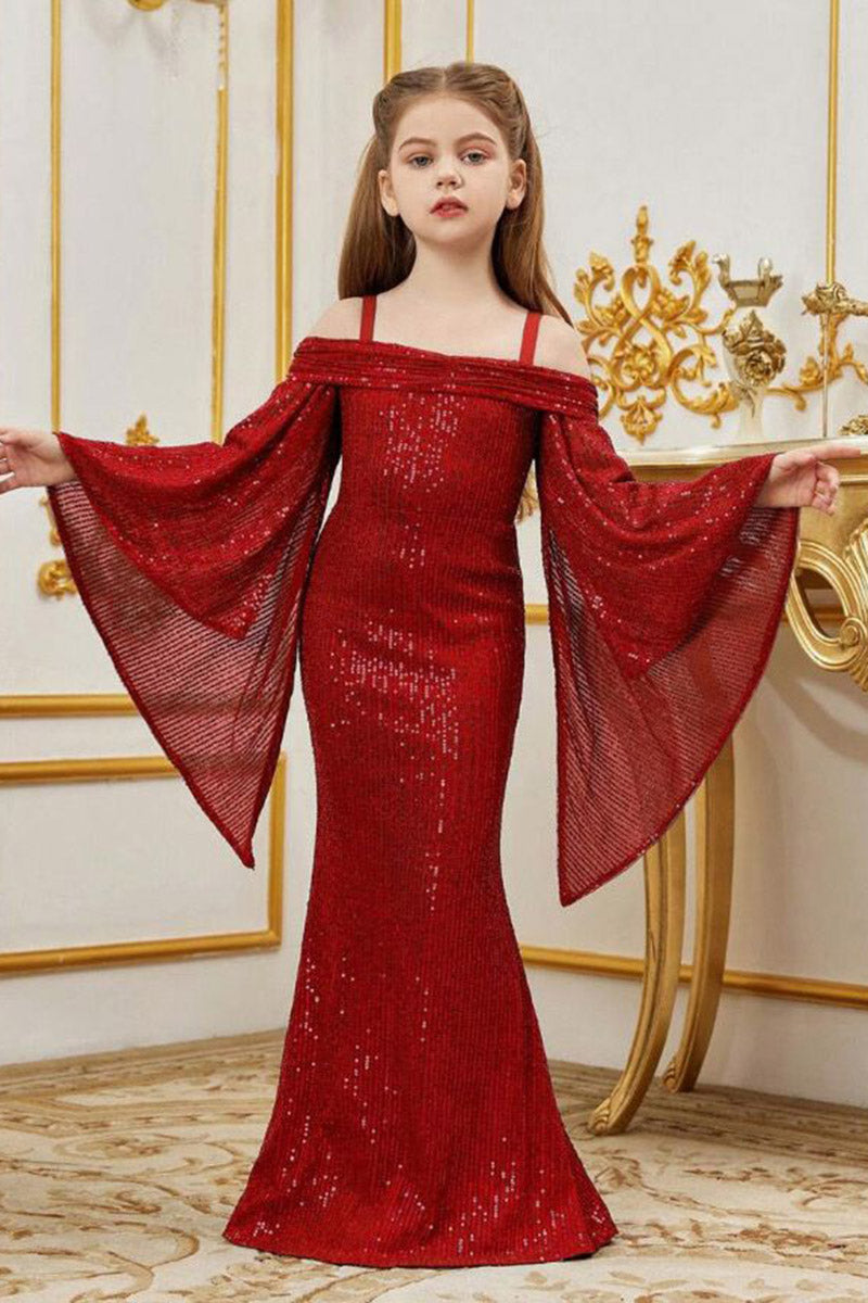 Girls Champagne Sequin Mermaid Gown for Weddings with Flared Bell Sleeves