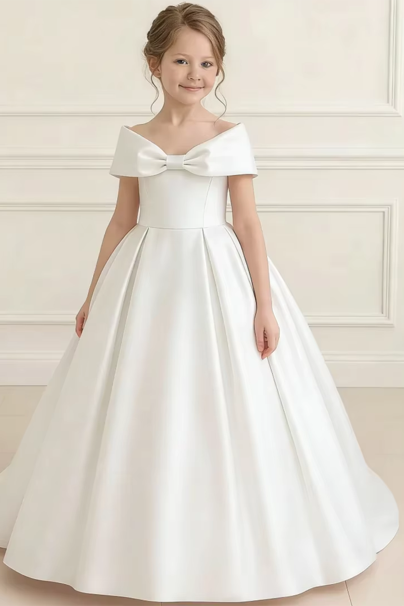 Girls Blush Satin Off-Shoulder Gown for Weddings with Front Bow Accent