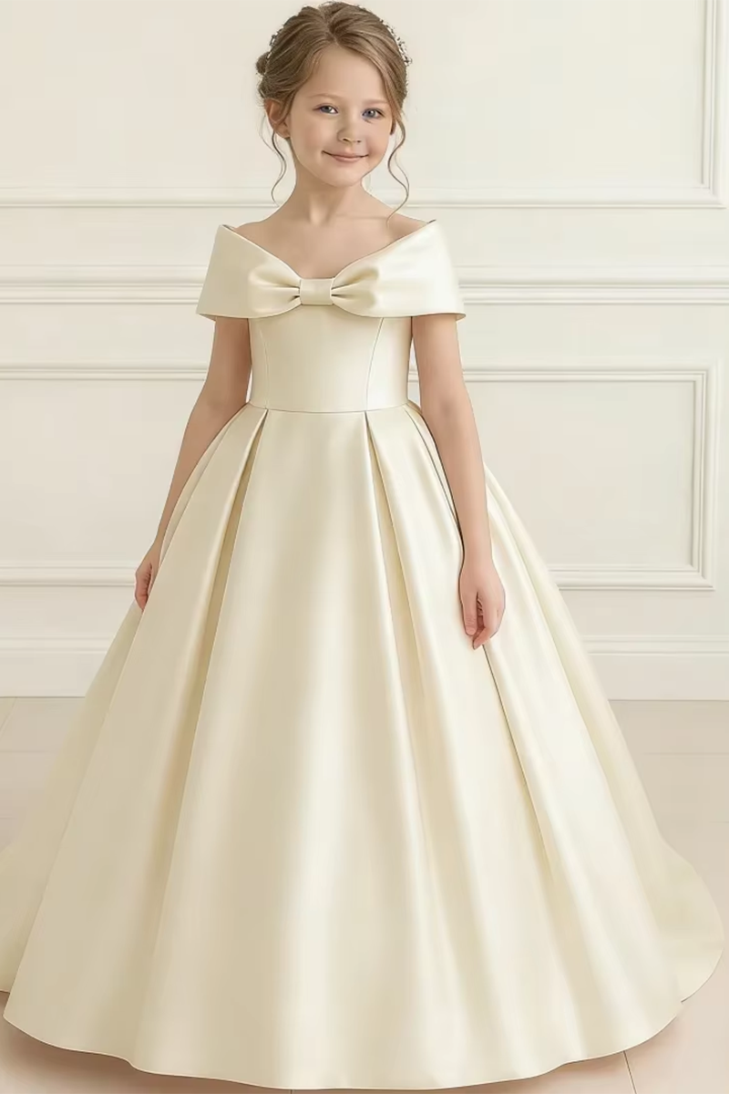 Girls Blush Satin Off-Shoulder Gown for Weddings with Front Bow Accent