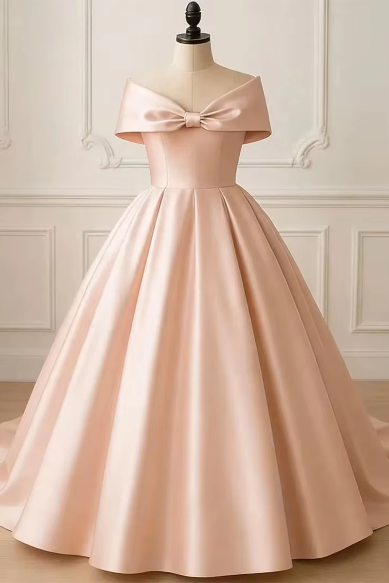 Girls Blush Satin Off-Shoulder Gown for Weddings with Front Bow Accent