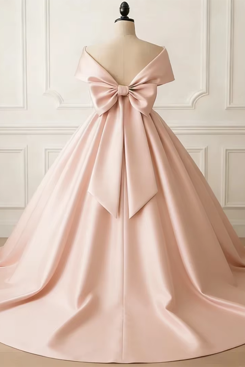 Girls Blush Satin Off-Shoulder Gown for Weddings with Front Bow Accent