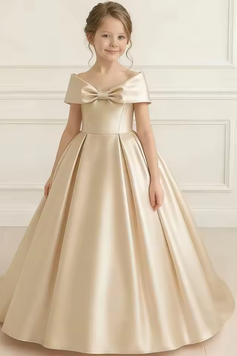 Girls Blush Satin Off-Shoulder Gown for Weddings with Front Bow Accent