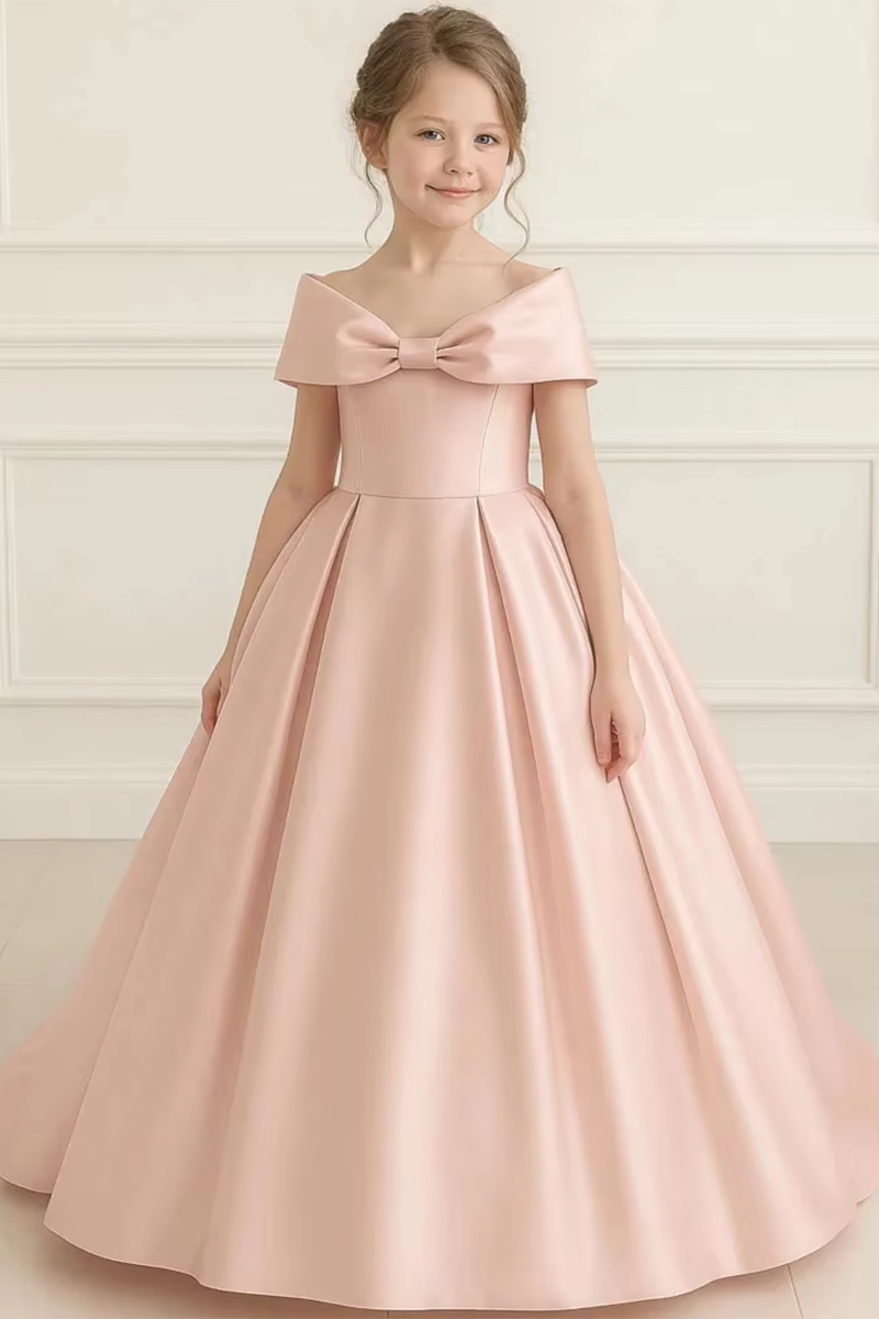 Girls Blush Satin Off-Shoulder Gown for Weddings with Front Bow Accent