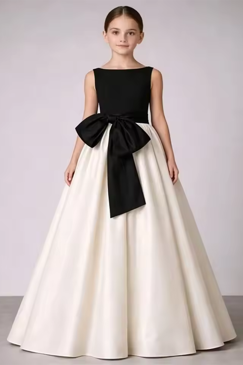 Girls Black Ivory Satin Ball Gown for Weddings with Large Waist Bow Detail