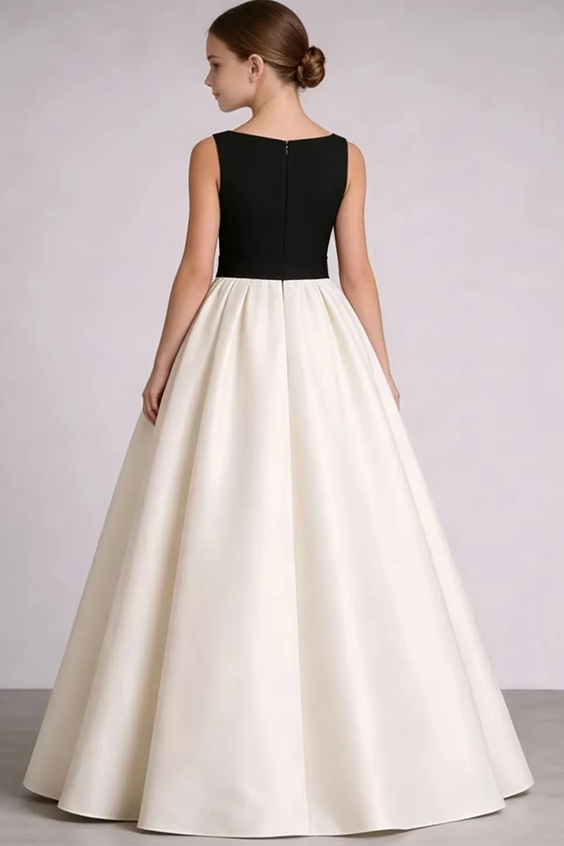 Girls Black Ivory Satin Ball Gown for Weddings with Large Waist Bow Detail