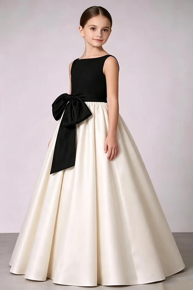 Girls Black Ivory Satin Ball Gown for Weddings with Large Waist Bow Detail