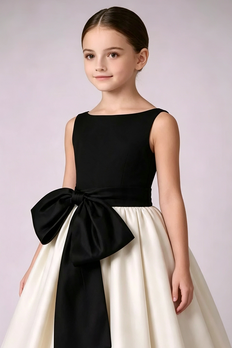 Girls Black Ivory Satin Ball Gown for Weddings with Large Waist Bow Detail
