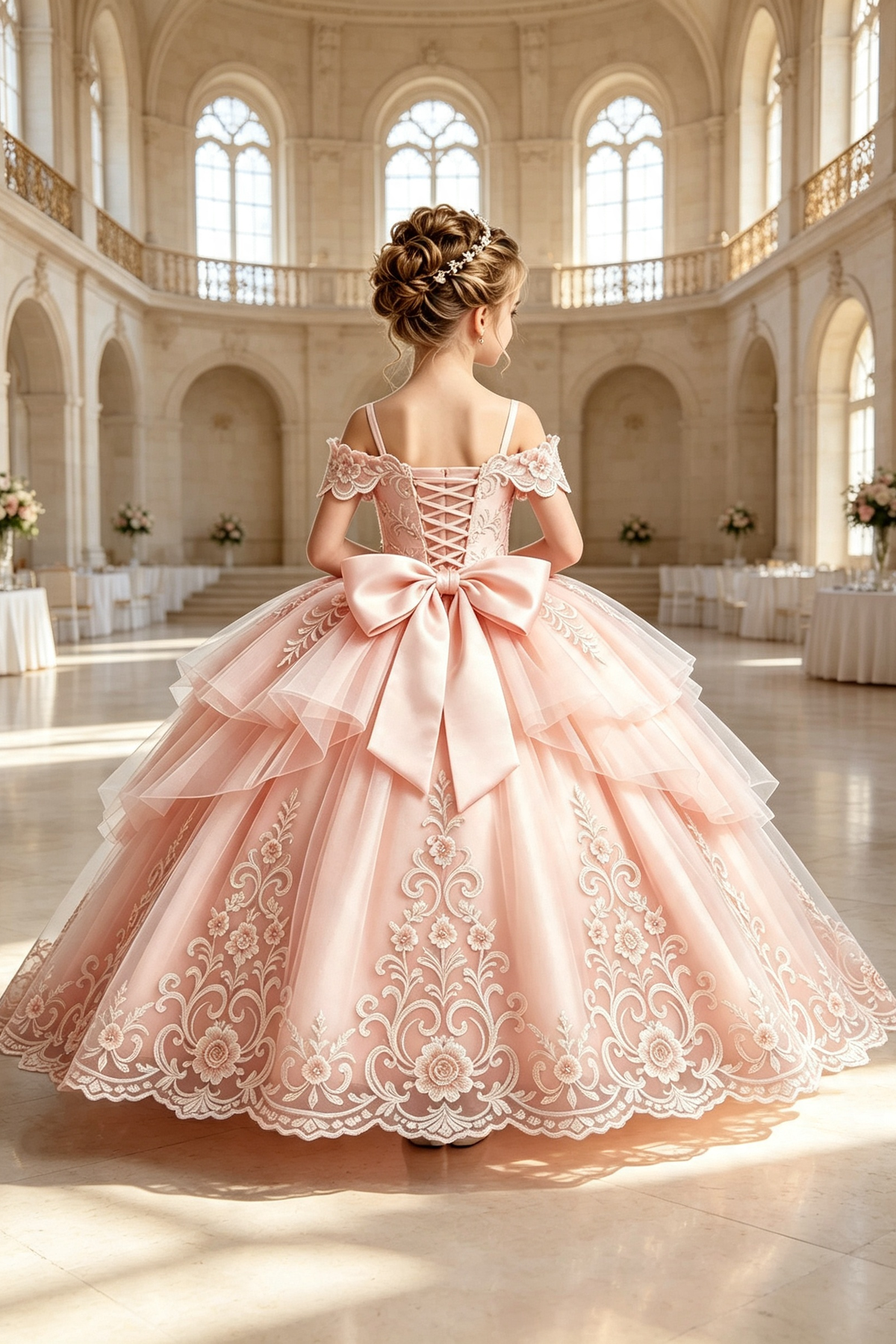 Pink Heavy‑Work Tulle Lace Embroidery Off‑the‑Shoulder Formal Dress
