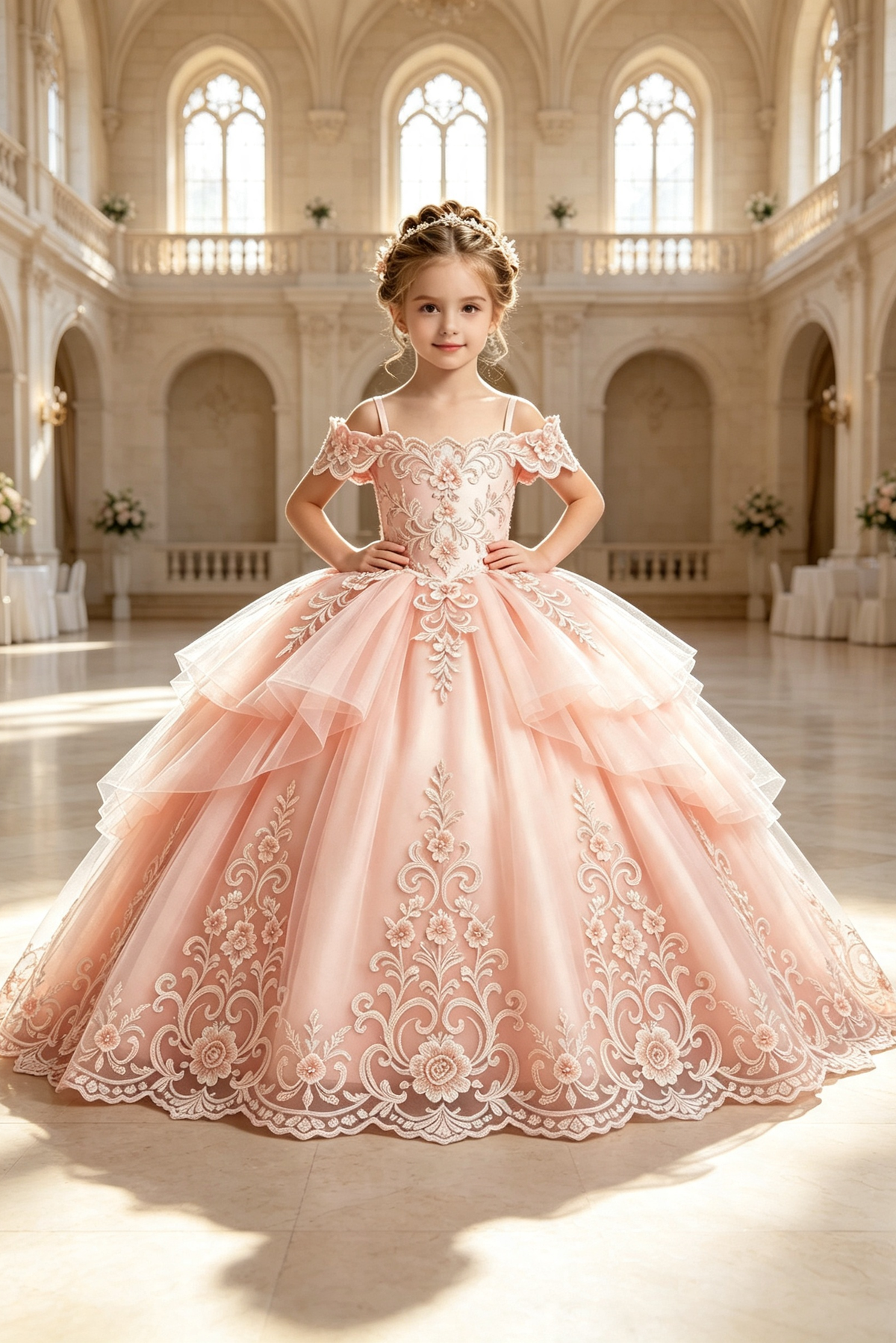 Pink Heavy‑Work Tulle Lace Embroidery Off‑the‑Shoulder Formal Dress
