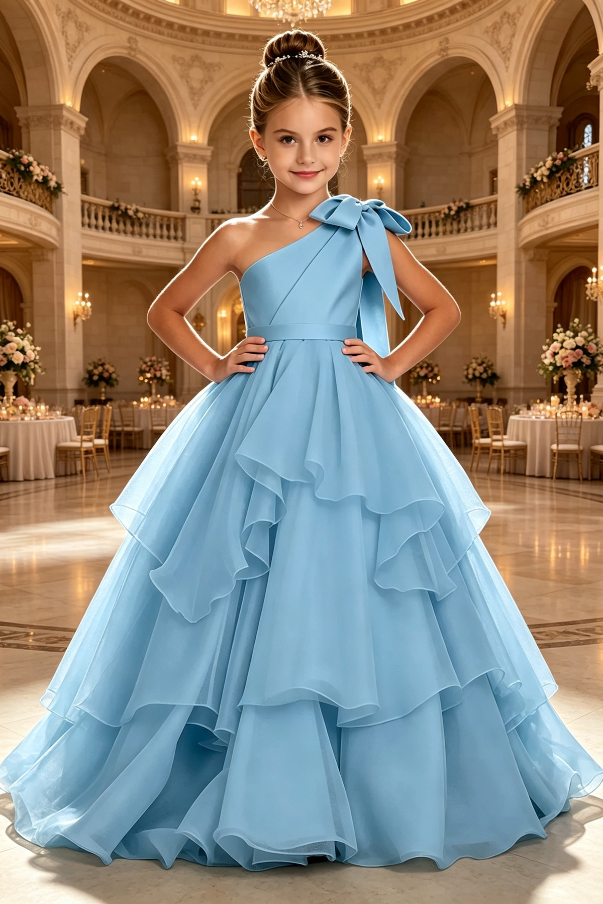 Sky Blue One‑Shoulder Bow Satin Organza A‑Line Formal Dress