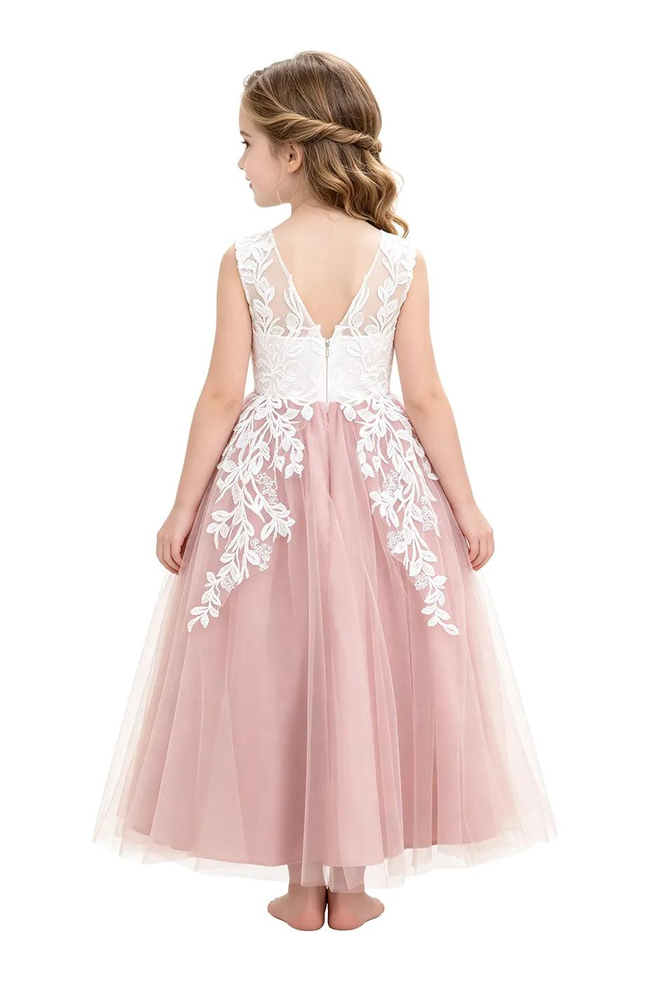 Pink Tulle Round Neck White Leaf Lace Appliqué Flower A‑Line Dress