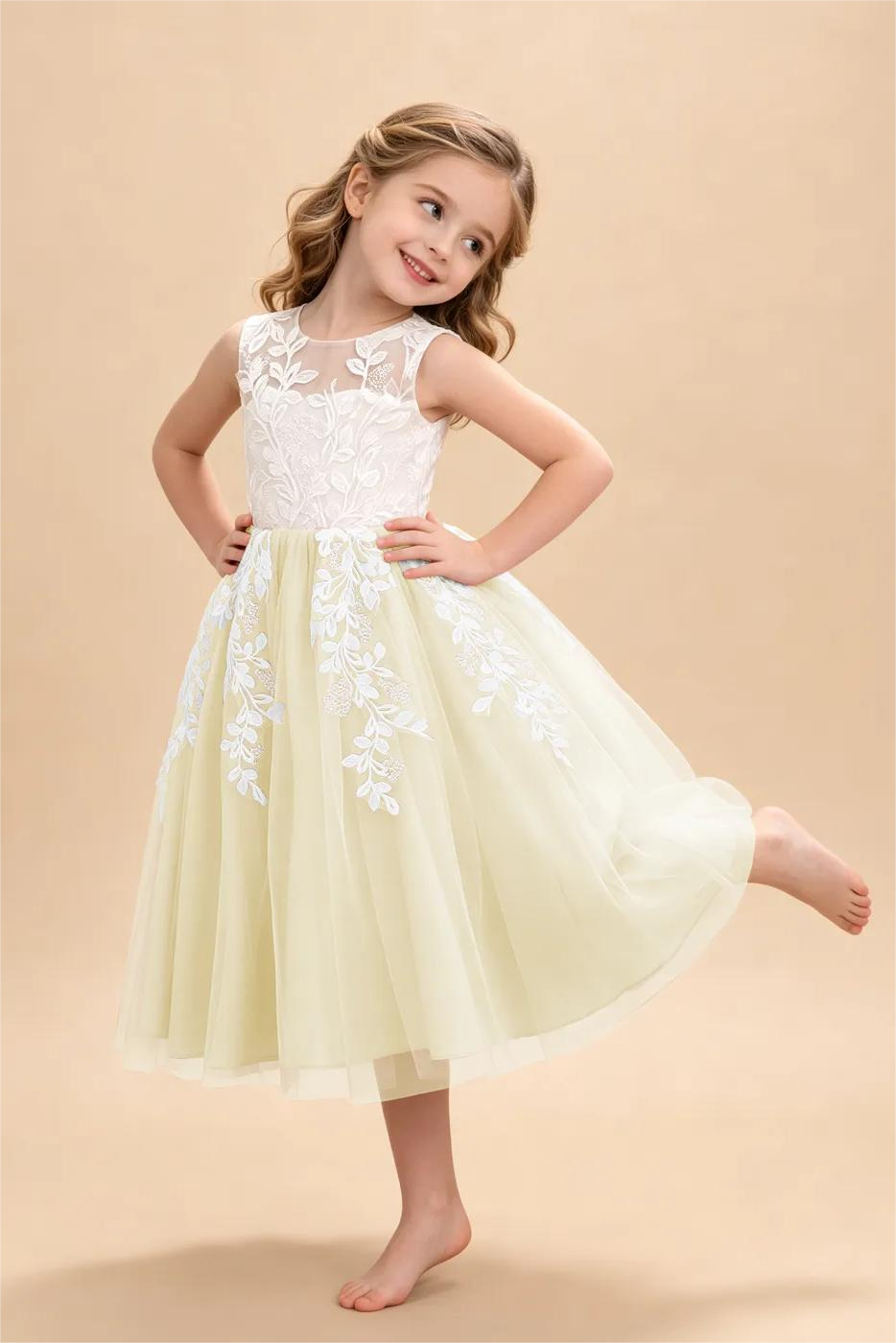 Pink Tulle Round Neck White Leaf Lace Appliqué Flower A‑Line Dress