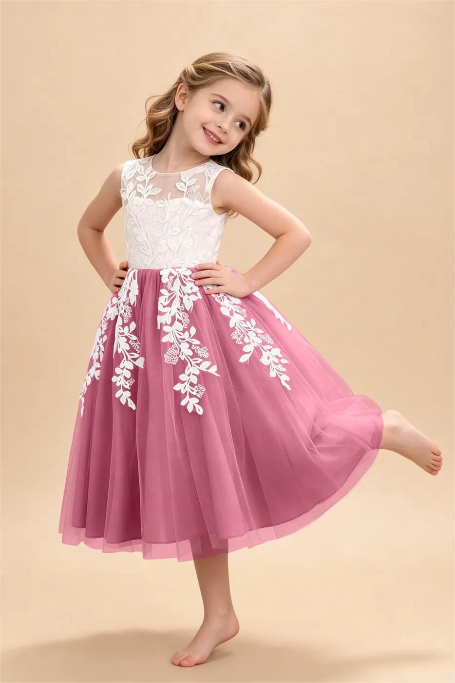 Pink Tulle Round Neck White Leaf Lace Appliqué Flower A‑Line Dress