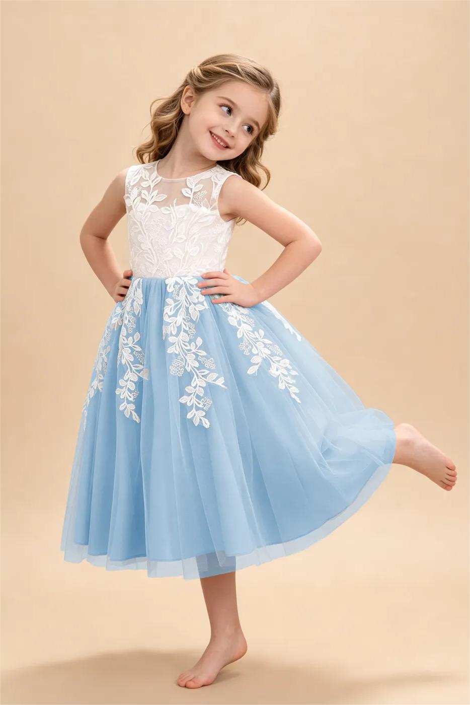 Pink Tulle Round Neck White Leaf Lace Appliqué Flower A‑Line Dress