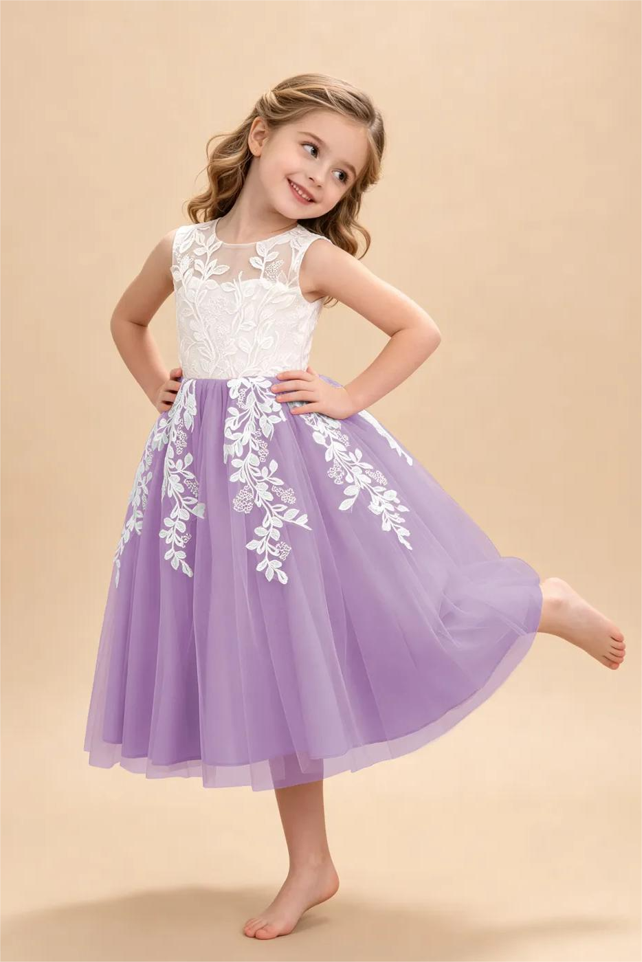 Pink Tulle Round Neck White Leaf Lace Appliqué Flower A‑Line Dress