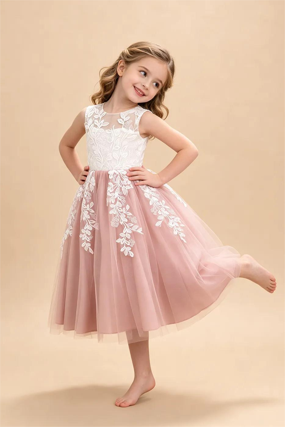 Pink Tulle Round Neck White Leaf Lace Appliqué Flower A‑Line Dress