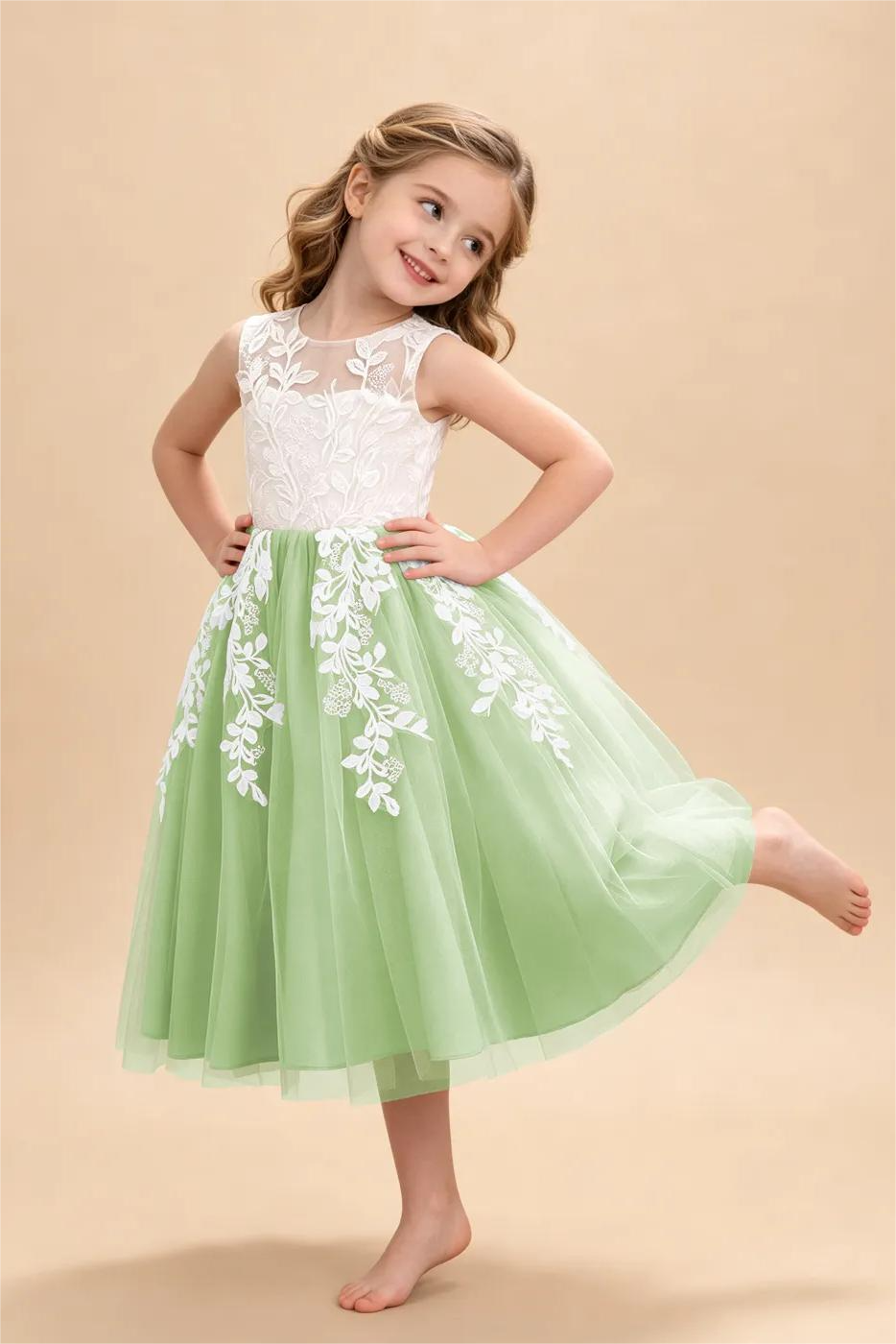 Pink Tulle Round Neck White Leaf Lace Appliqué Flower A‑Line Dress