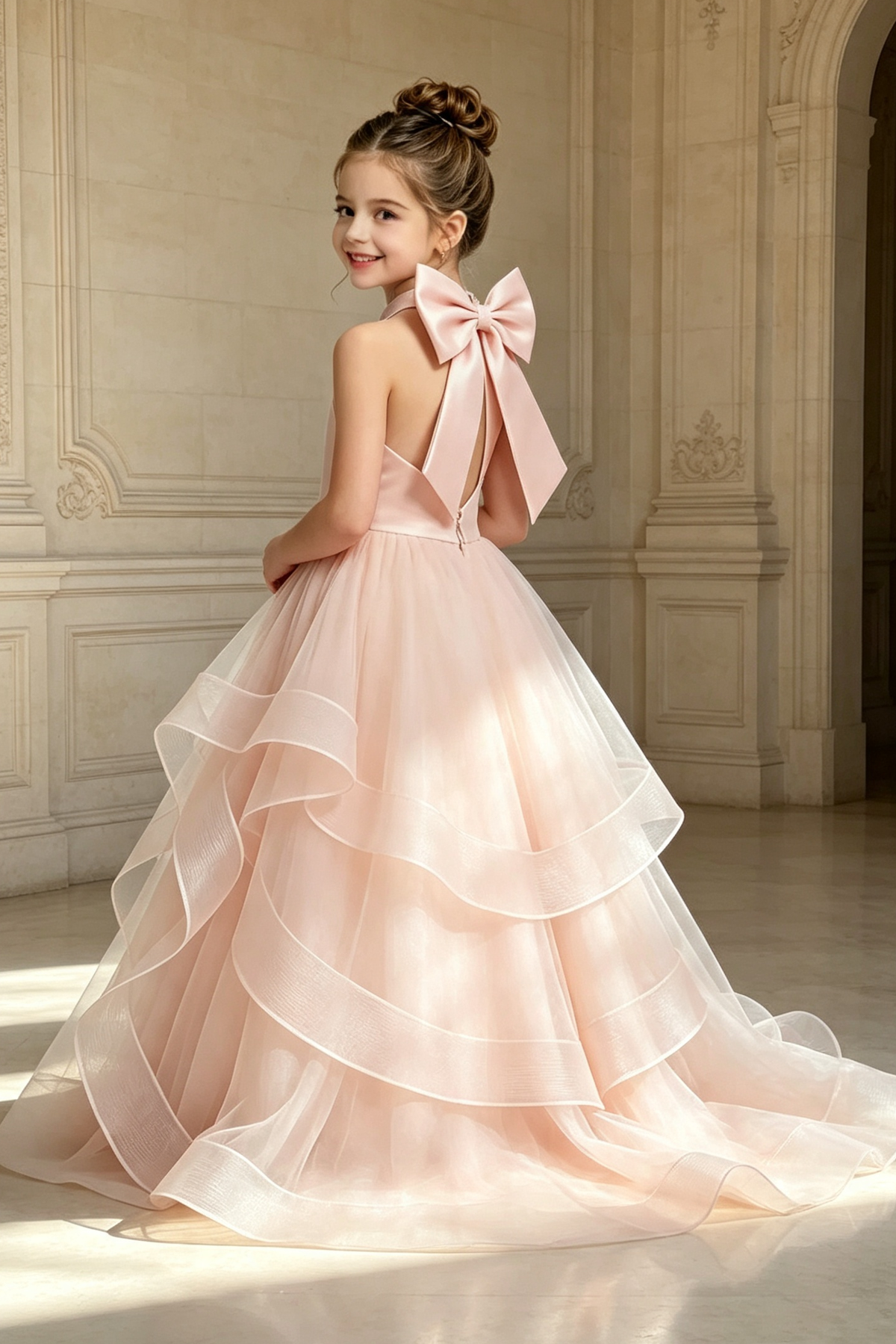 Light Pink Halter Neck Oversized Bow Back Satin Tulle A‑Line Formal Dress